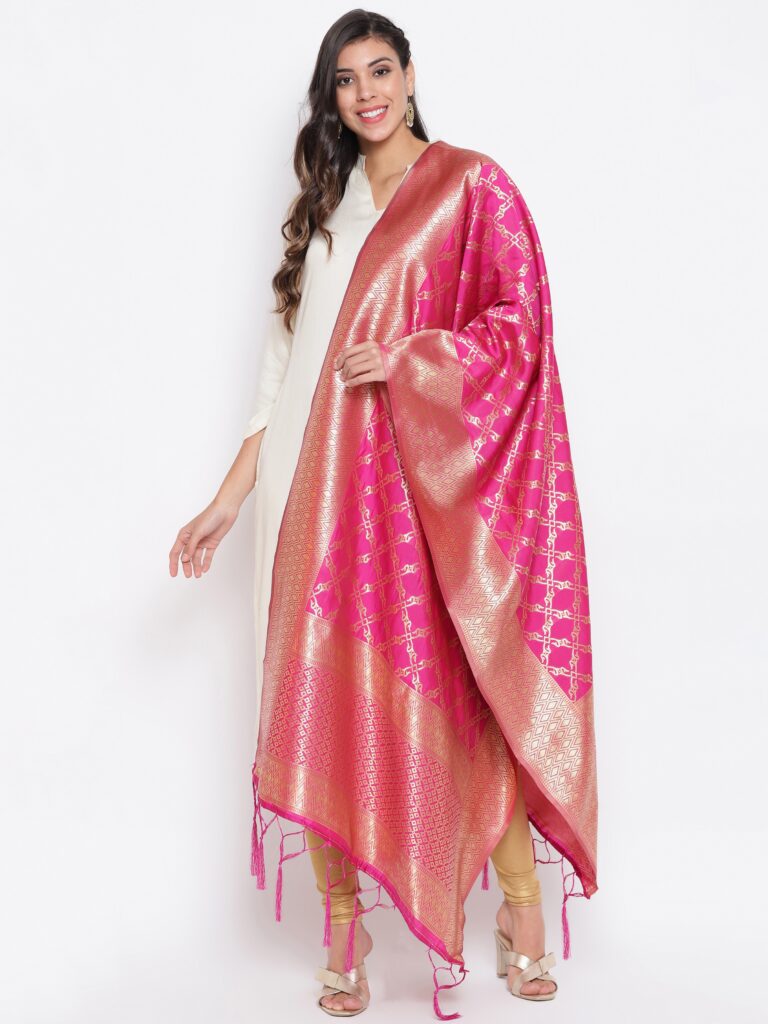 Rani Pink Banarasi Silk Jacquard Woven Dupatta