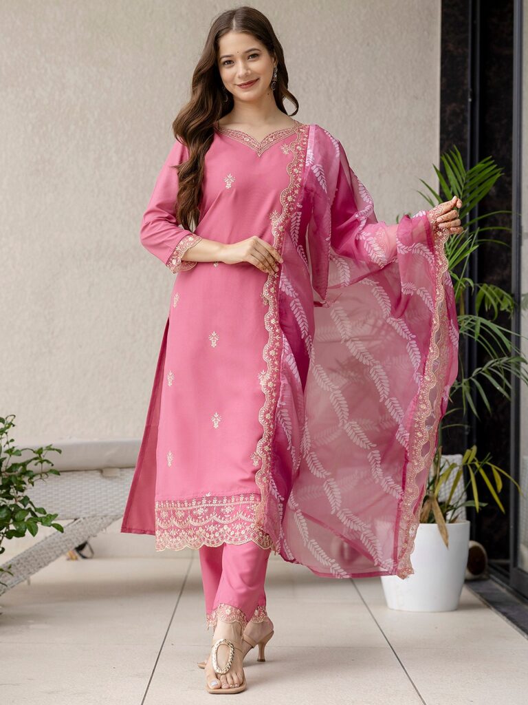 Rayon Embroidery Work Straight Kurta Pant And Dupatta Set