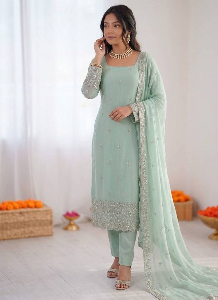 Sea Green Georgette Thread With Sequin Salwar Suit Stitched