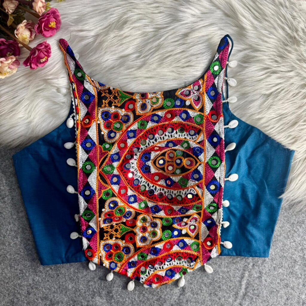 Teal Navratri Mirror Work Cotton Gamthi Embroidery Blouse