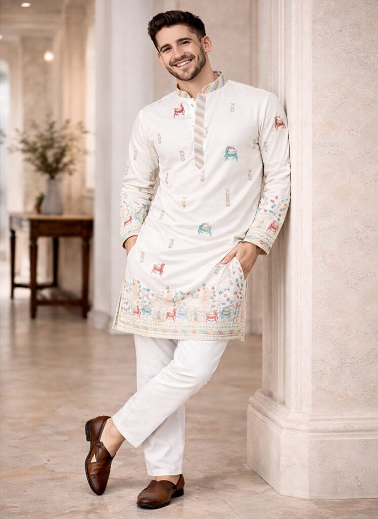 White Cotton Blend Kurta Pajama With Thread Embroidery