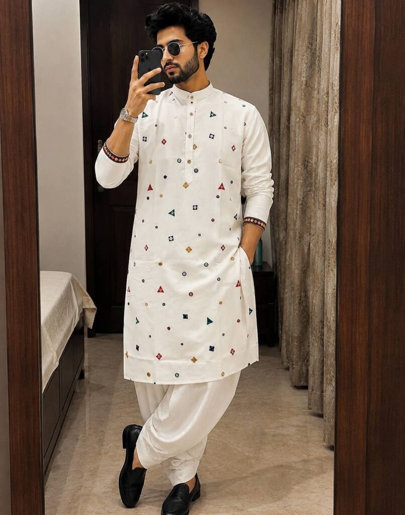 White Cotton Embroidered Kurta and DhotiÂ