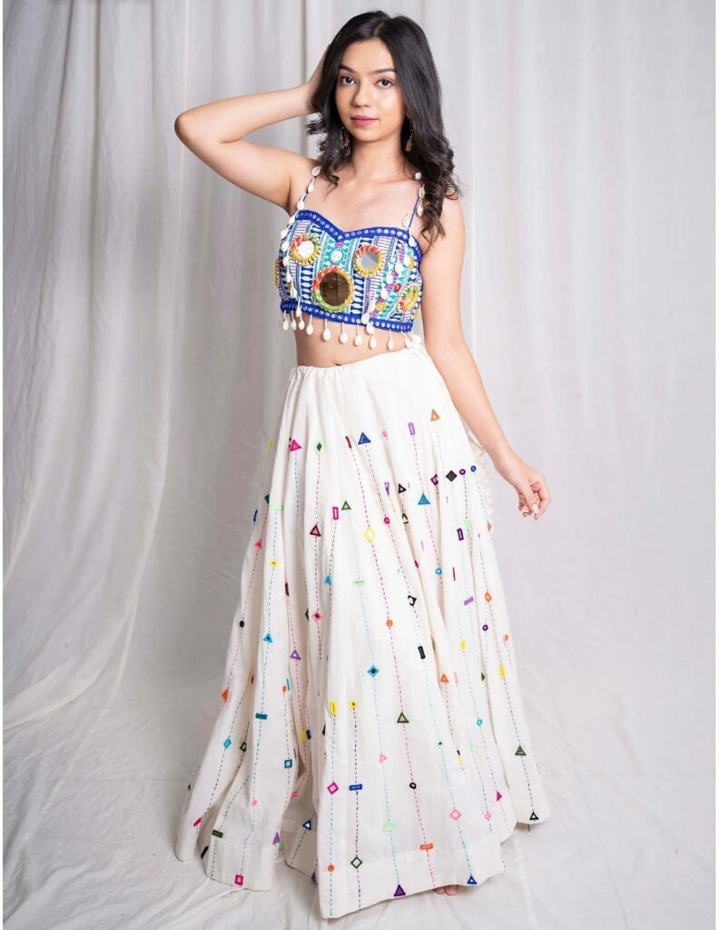 White Cotton Embroidered LehengaÂ