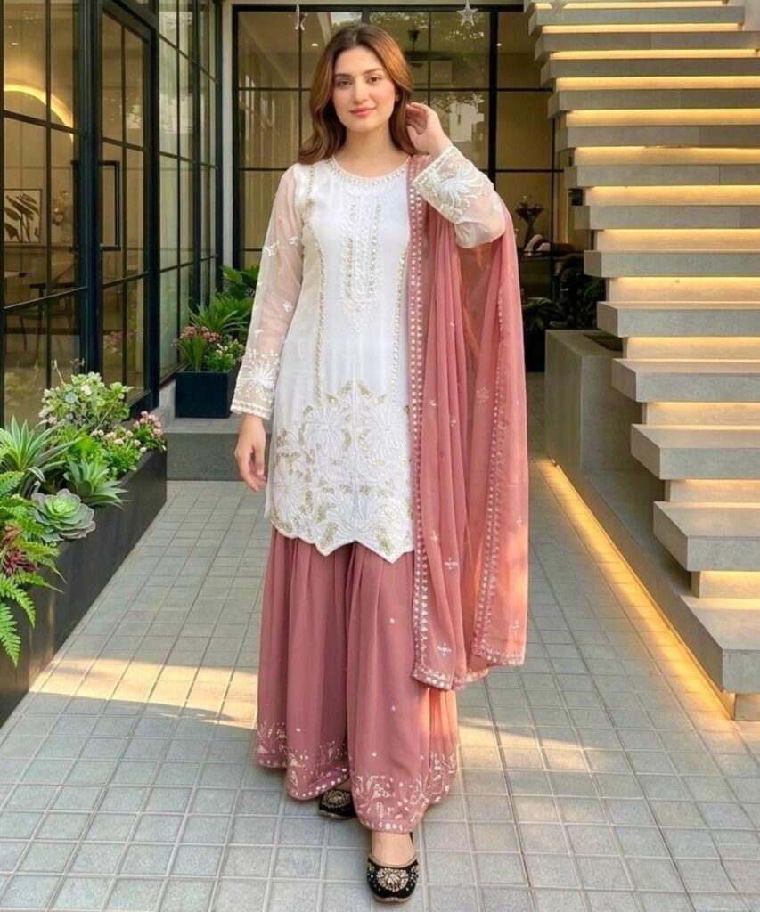White Faux Georgette Embroidered Palazzo Set Stitched