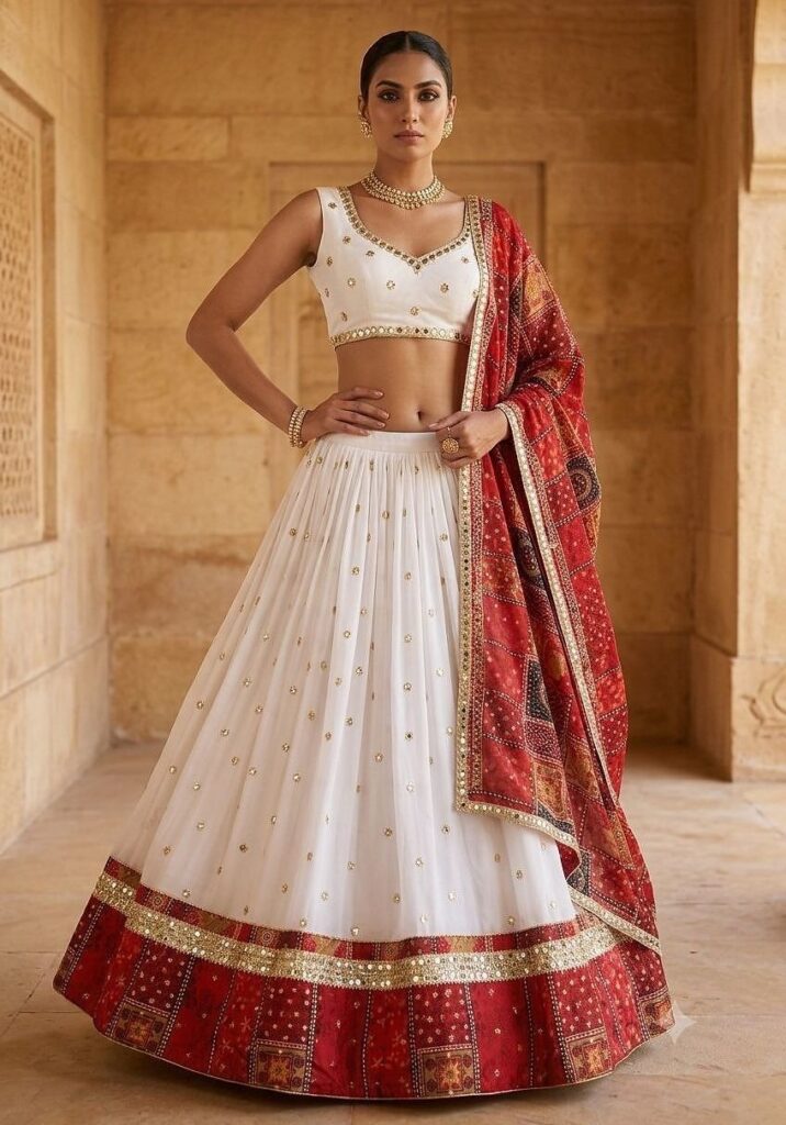 White Georgette Navratri Lehenga Choli With Dupatta
