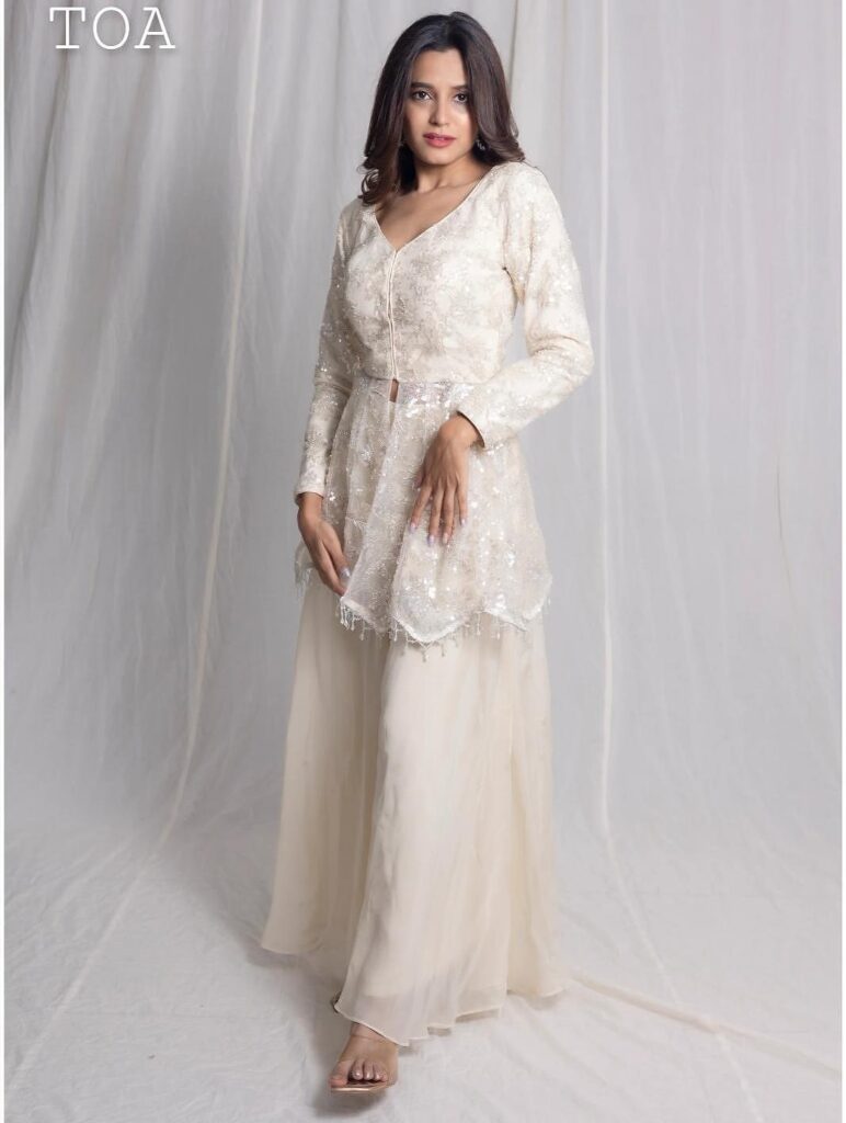 White Indo-Western Net Co-ord Set