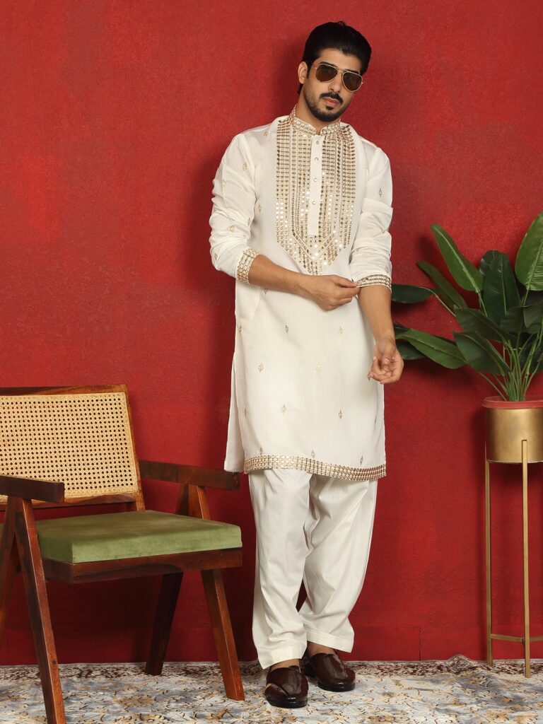 White Mirror Work Silk KurtaÂ