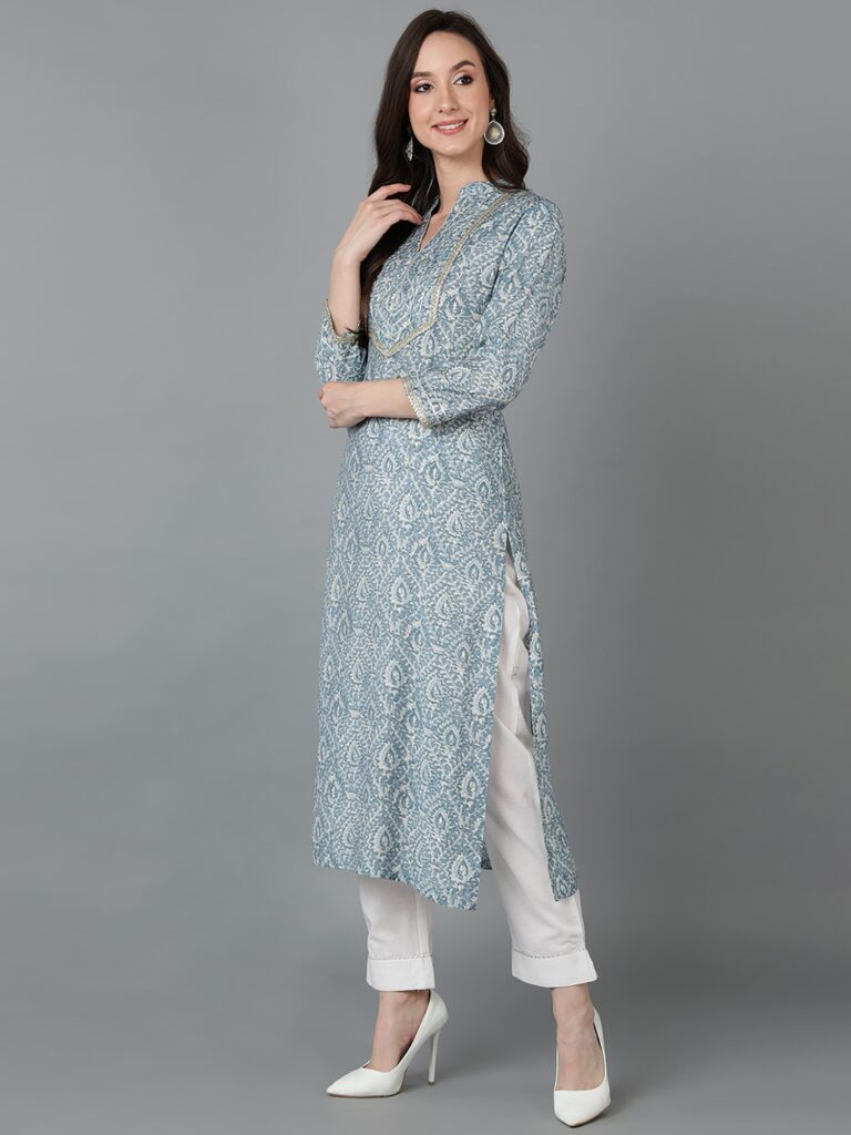Women Blue Silk Blend Abstract Printed Straight Kurta