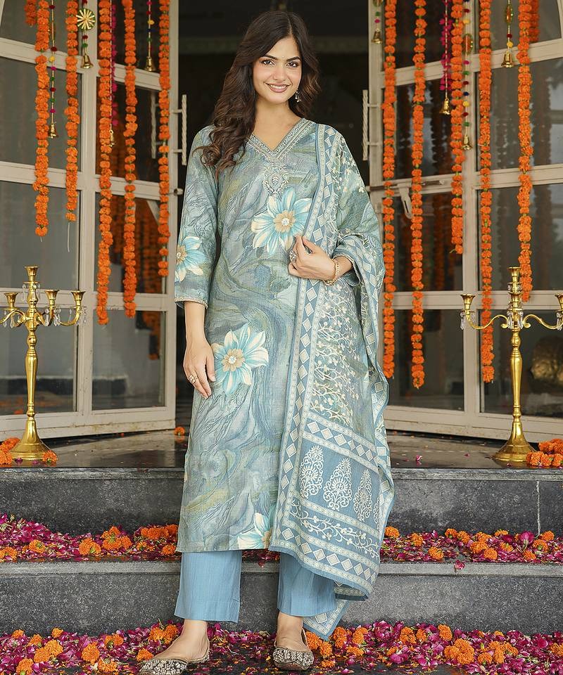 Women Blue Viscose Rayon Floral Embroidered Straight Kurta Trousers With Dupatta