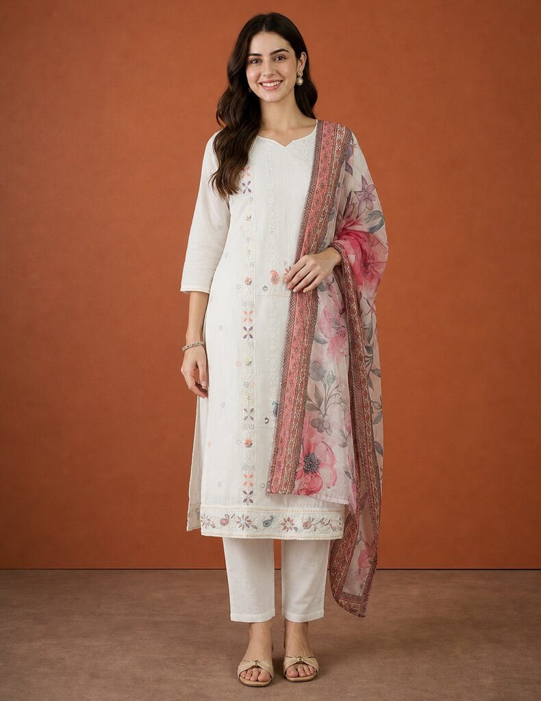 Women's Beautiful Embroidery Work Cotton Fabric Straight Kurta Pant And Dupatta Set