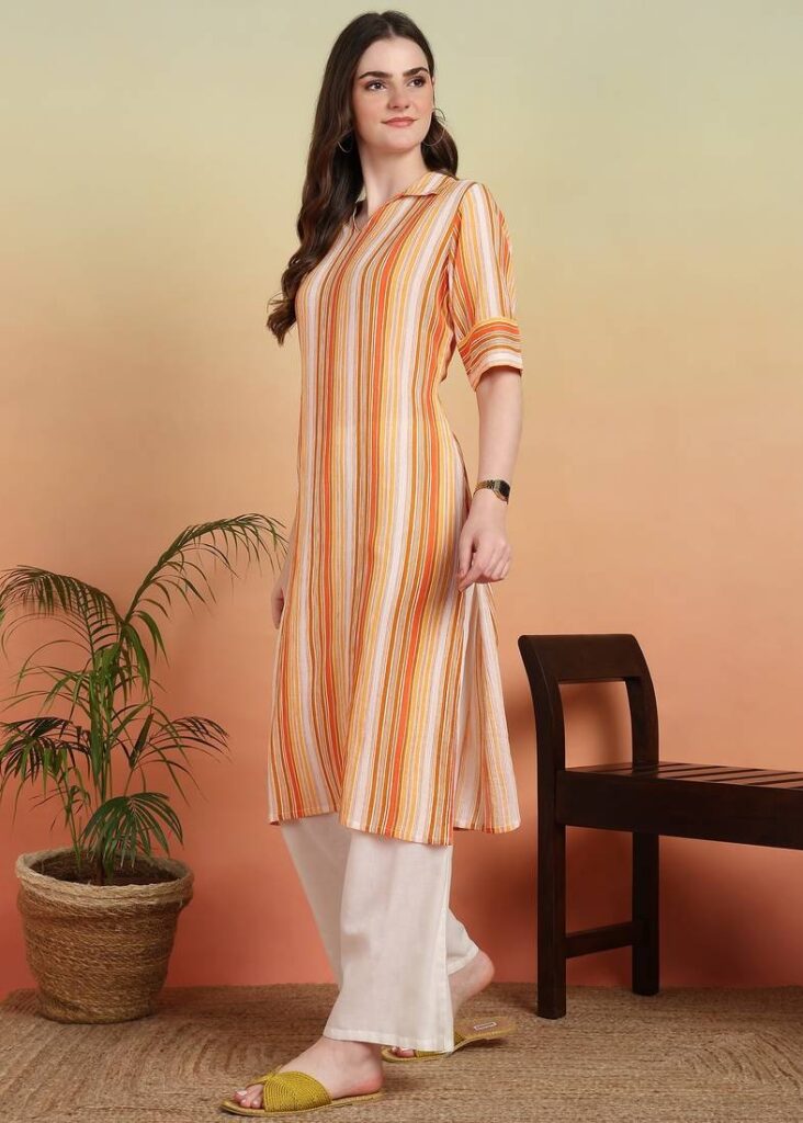 Women's Cotton Crape Calf Length Strip Print Half Length Sleeve V Neck Straight Kurta