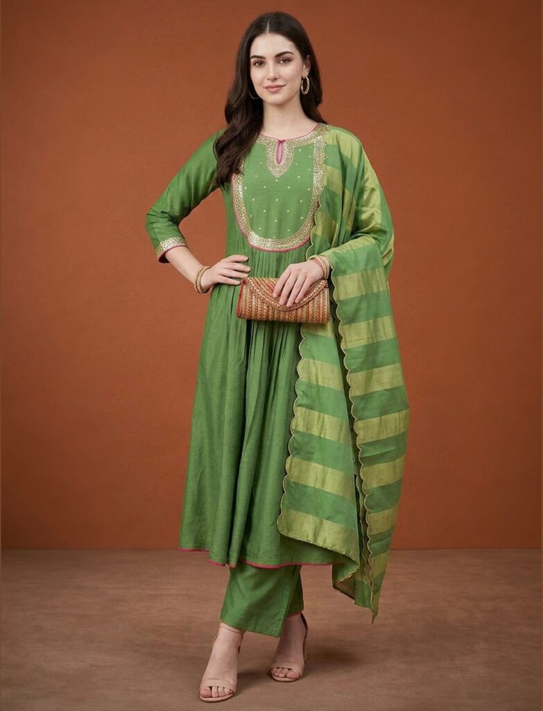 Women's Gorgeous Embroidery Chanderi Fabric Flared Kurta Pant And Dupatta Set
