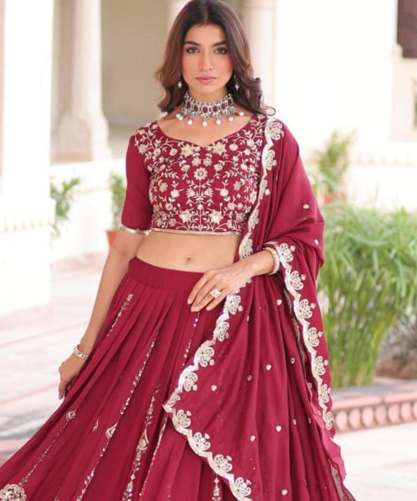 Red Silk Blend Embroidered Lehenga Choli