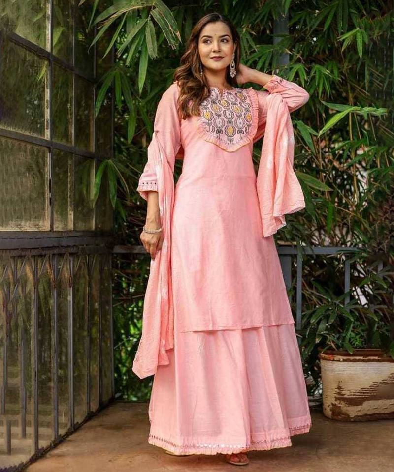 Baby Pink Kurti With Skirt & Dupatta Stitched