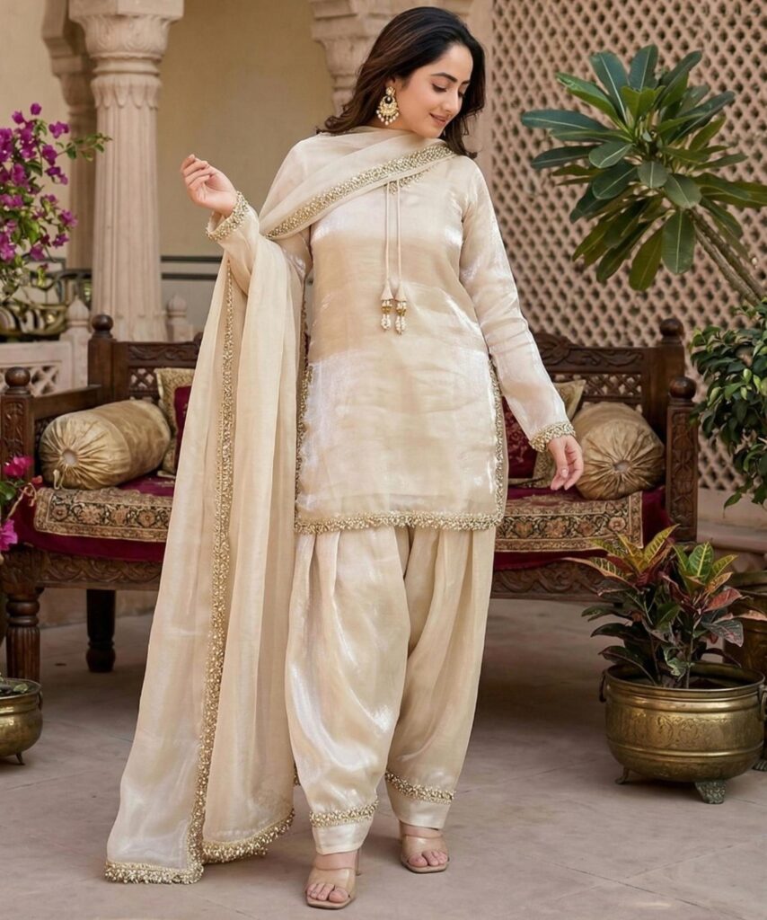 Beige Satin Embroidered Farshi Salwar Stitched