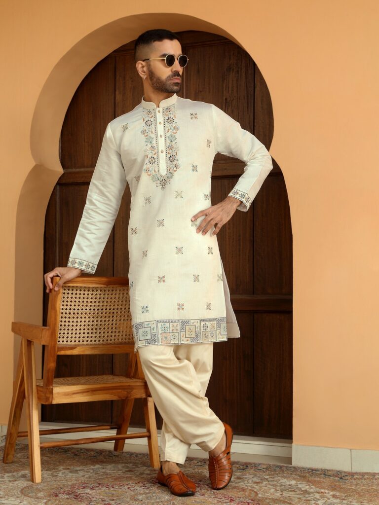 Cotton Silk Embroidered Yoke Cream Kurta Beige Salwar