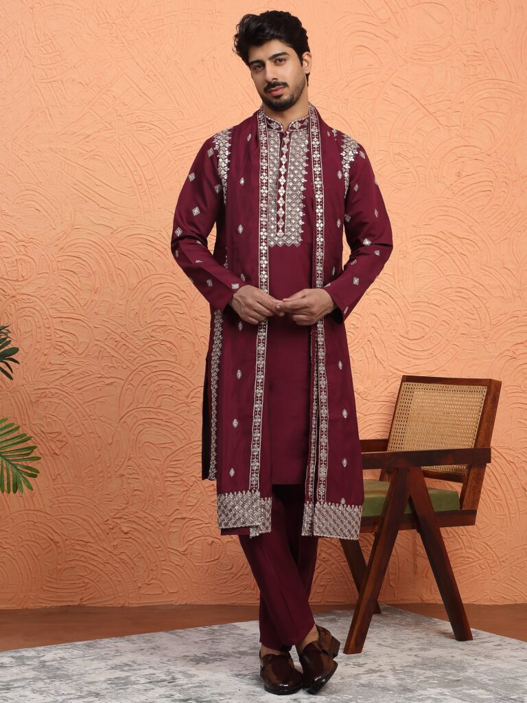 Cotton Silk Zari Embroidered Sequence Maroon Kurta Pant