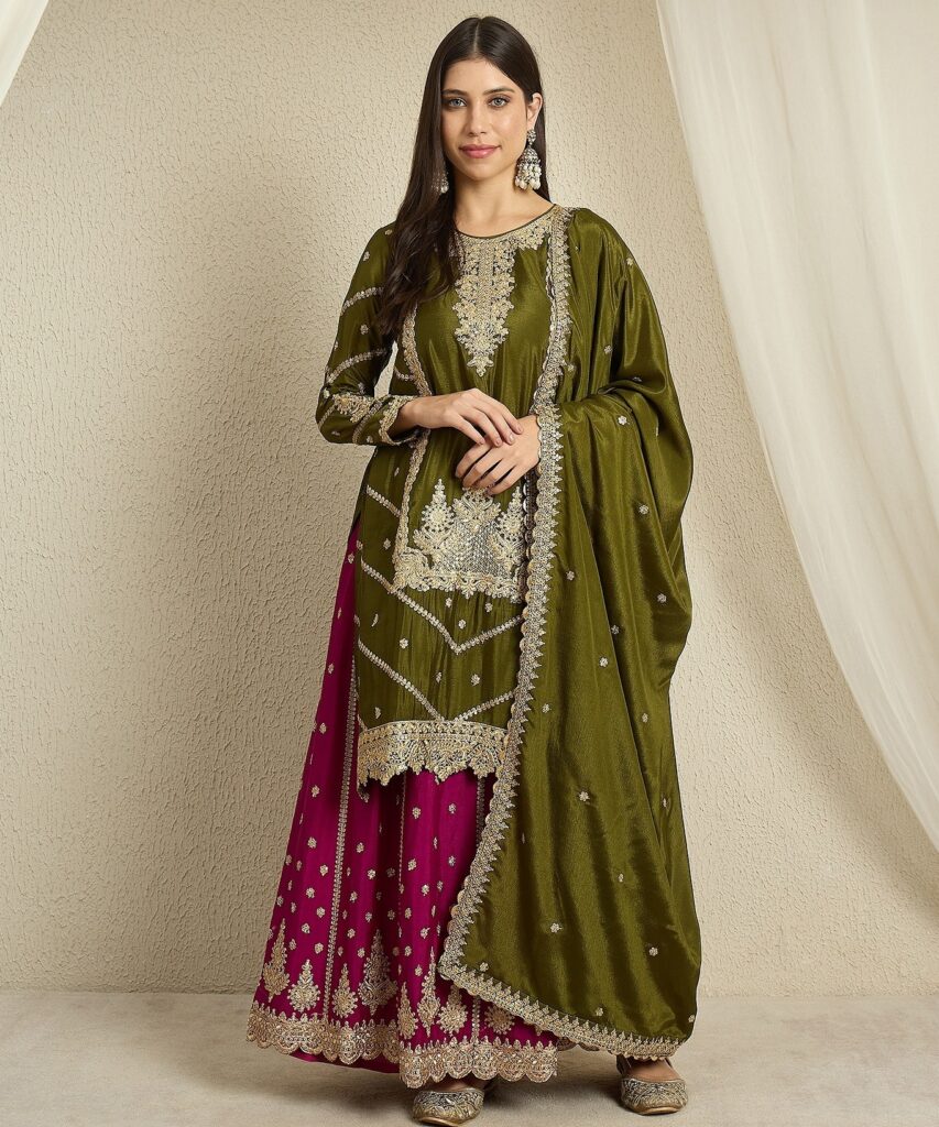 Green Chinon Anarkali Long Choli Readymade Lehenga