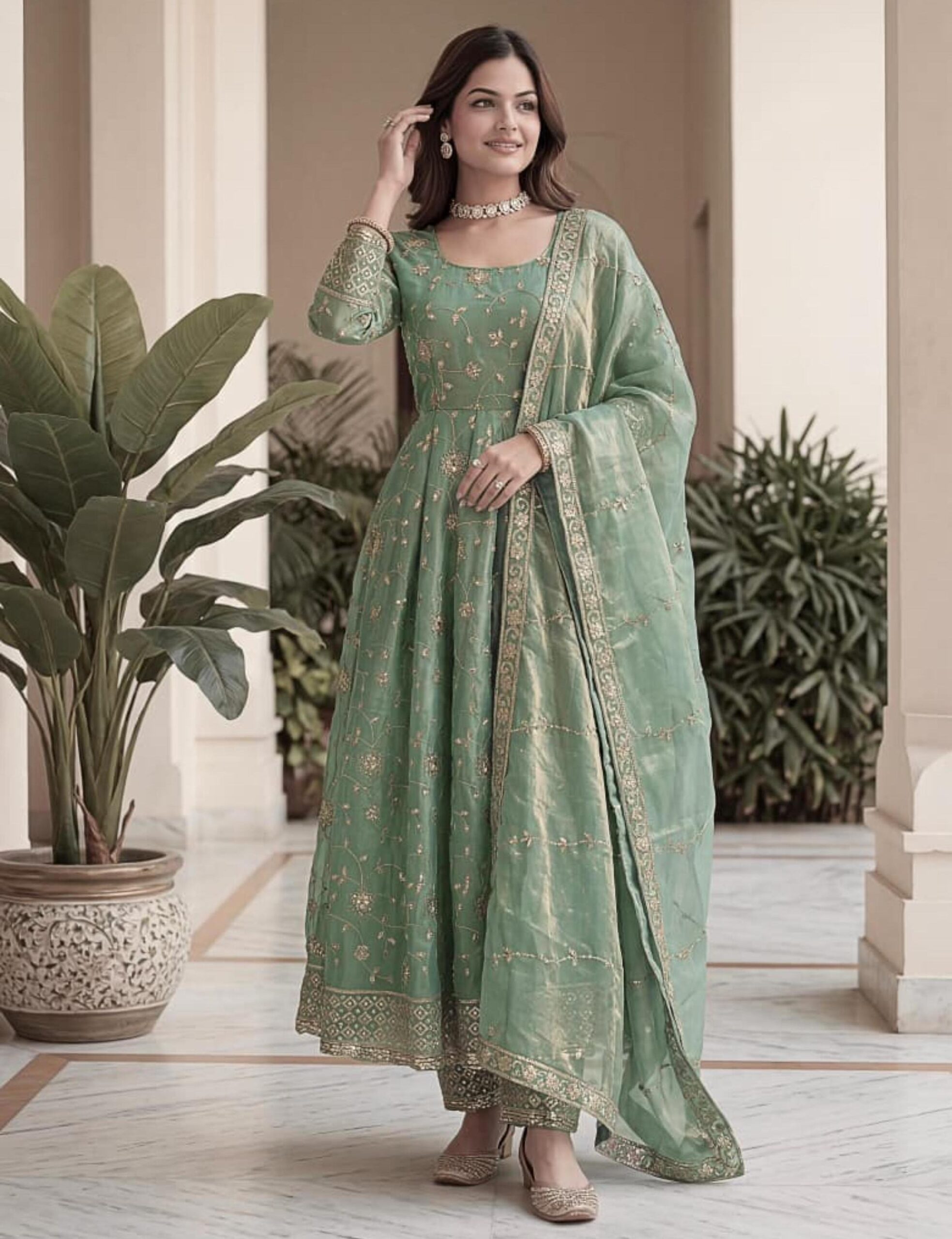 Green Silk Blend Embroidered Gown Set Stitched