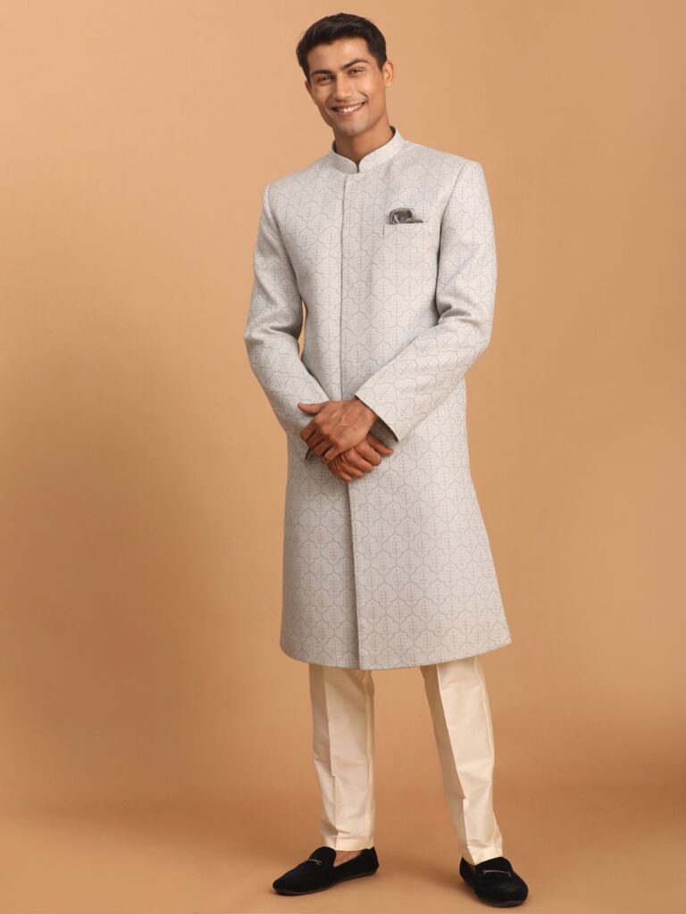 Grey And Cream Cotton Blend Sherwani Set