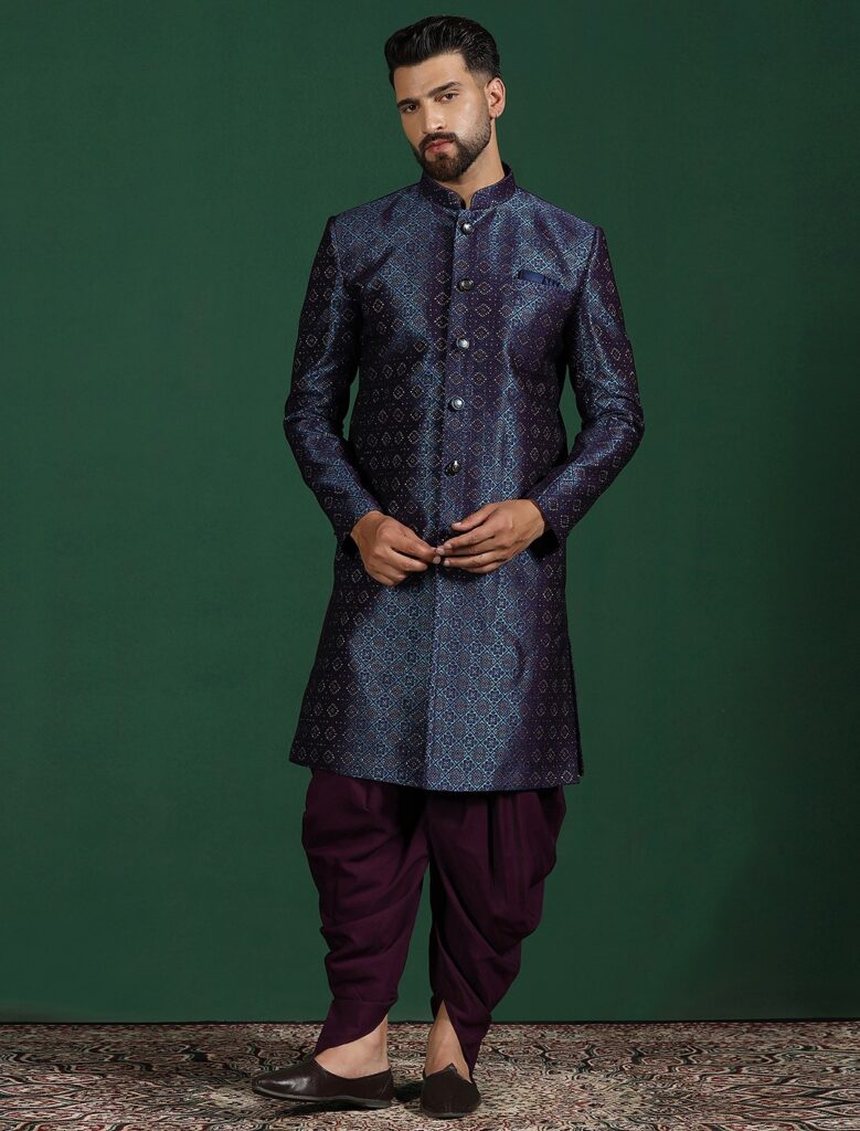 Navy Blue Embroidered Sherwani Dhoti Set Groom Wedding