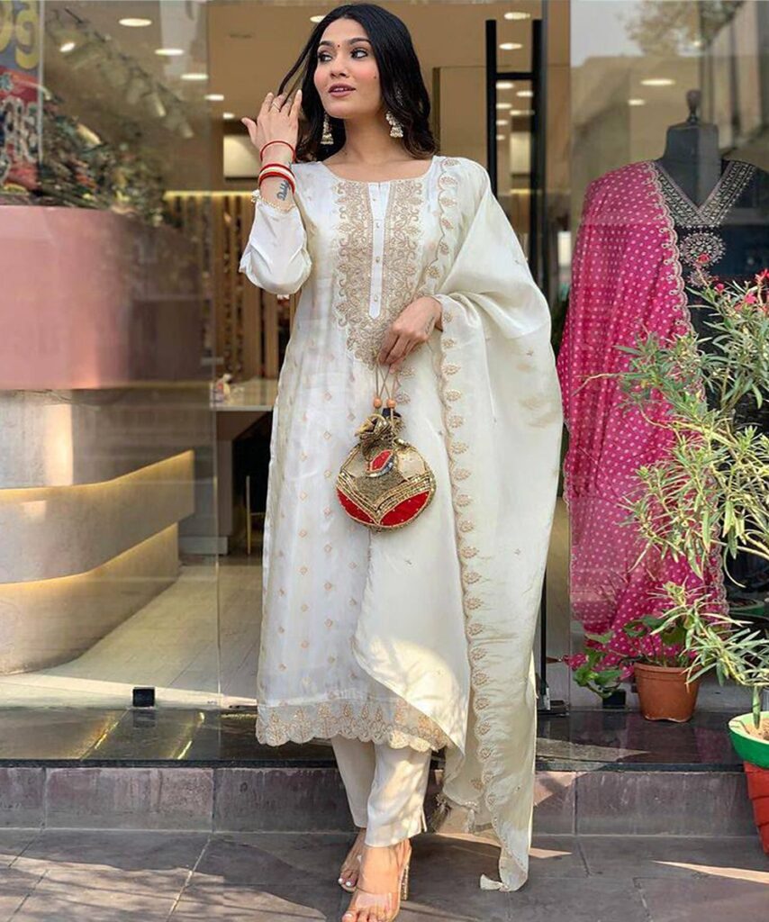 Off White Elegance Embroidered Viscose Chanderi Kurta Set Stitched