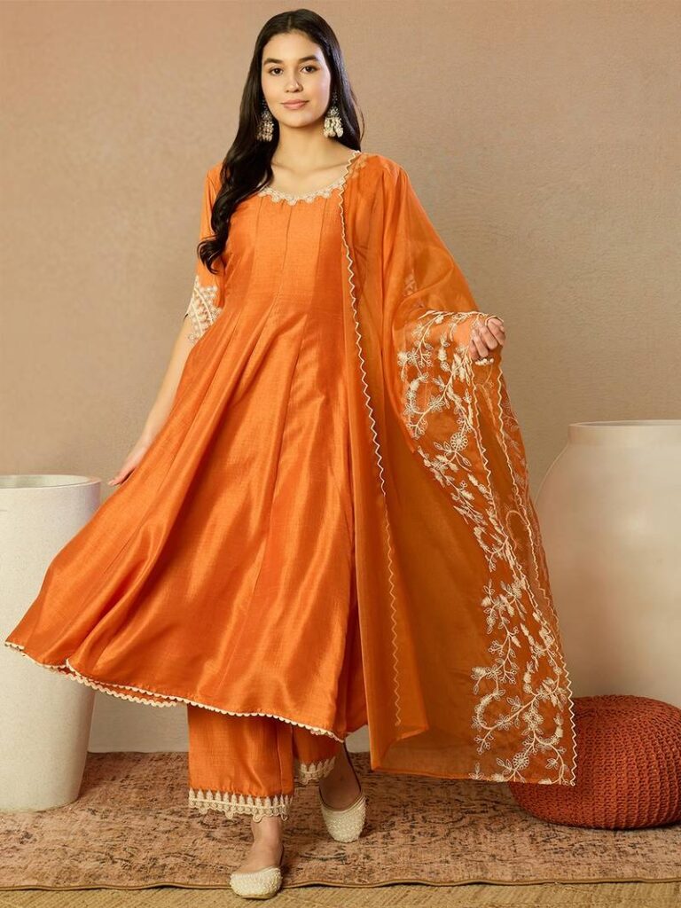Orange Silk Blend Solid Embroidered Anarkali Kurta Trousers With Dupatta