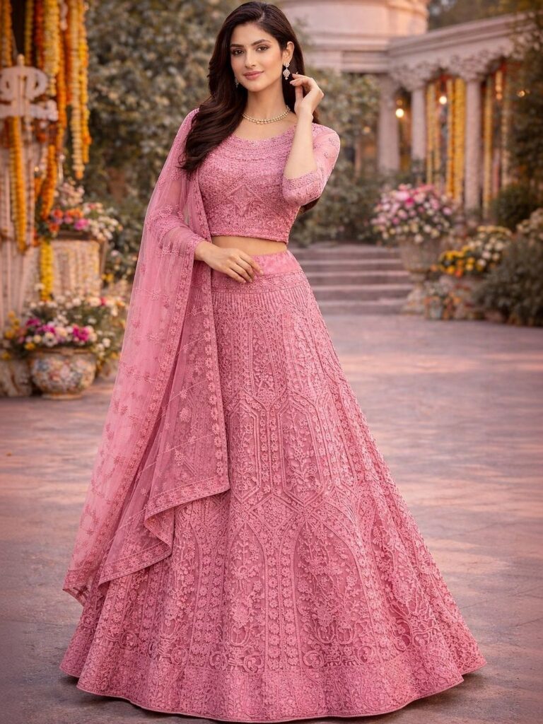 Pink Embroidered Thread Work Semi Stitched Lehenga & Blouse With Dupatta