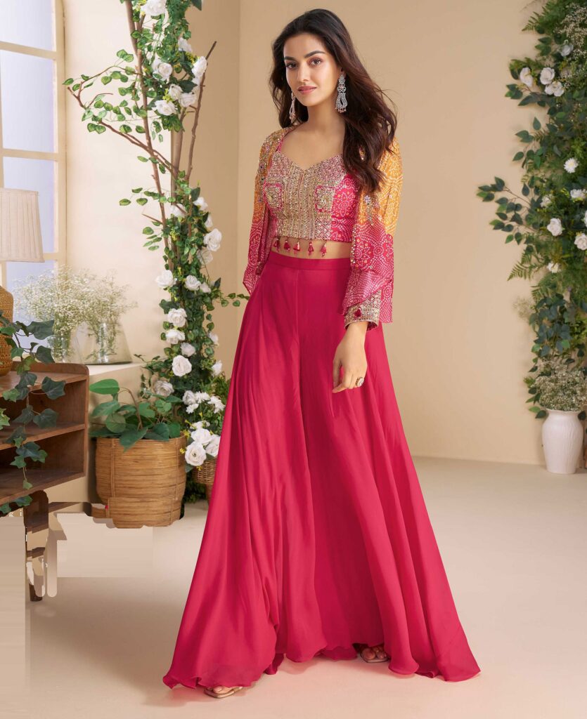 Pink Embroidery Sequins Printed Jacket Chinon Silk Blouse Palazzo Suit