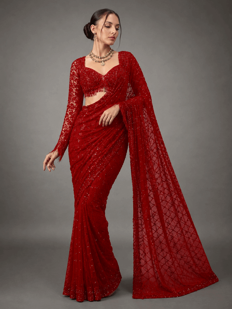 Red Color Sequins And Embroidery Work Georgette Saree