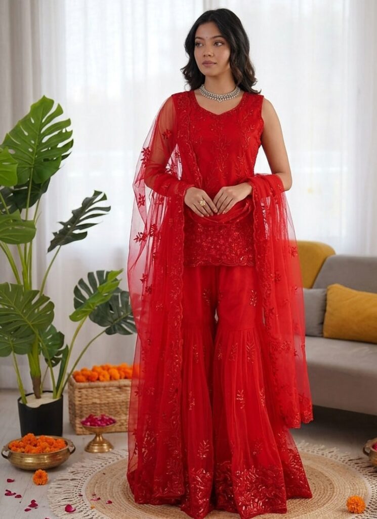 Red Net Thread With Sequin Sharara Suit Stitched