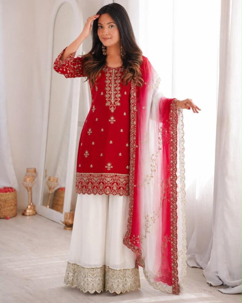 Red Silk Blend Embroidered Palazzo Set Stitched