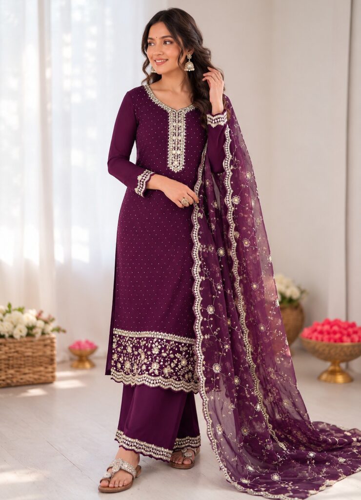 Wine Georgette Embroidered Siroski Diamond Work Plazzo Suit Stitched