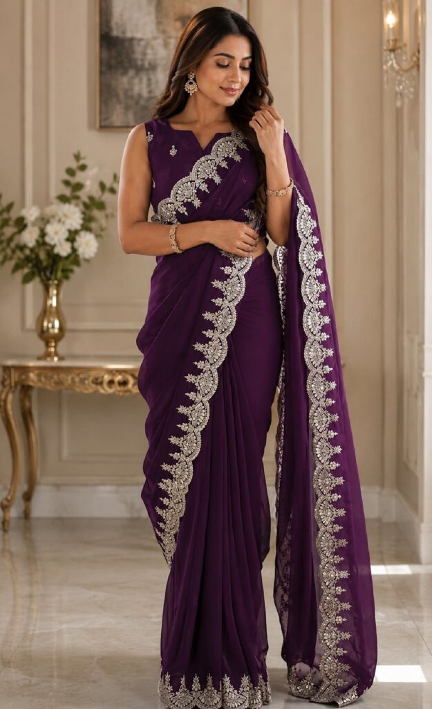 Wine Soft Shimmer Chiffon Embroidery Saree With Unstitched Blouse Piece