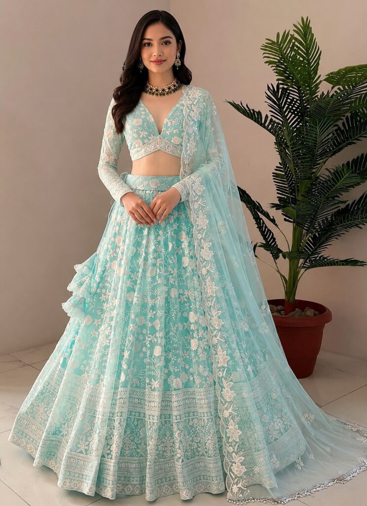 Women's Sky Blue Net Zari Embroidery Work Lehenga Choli